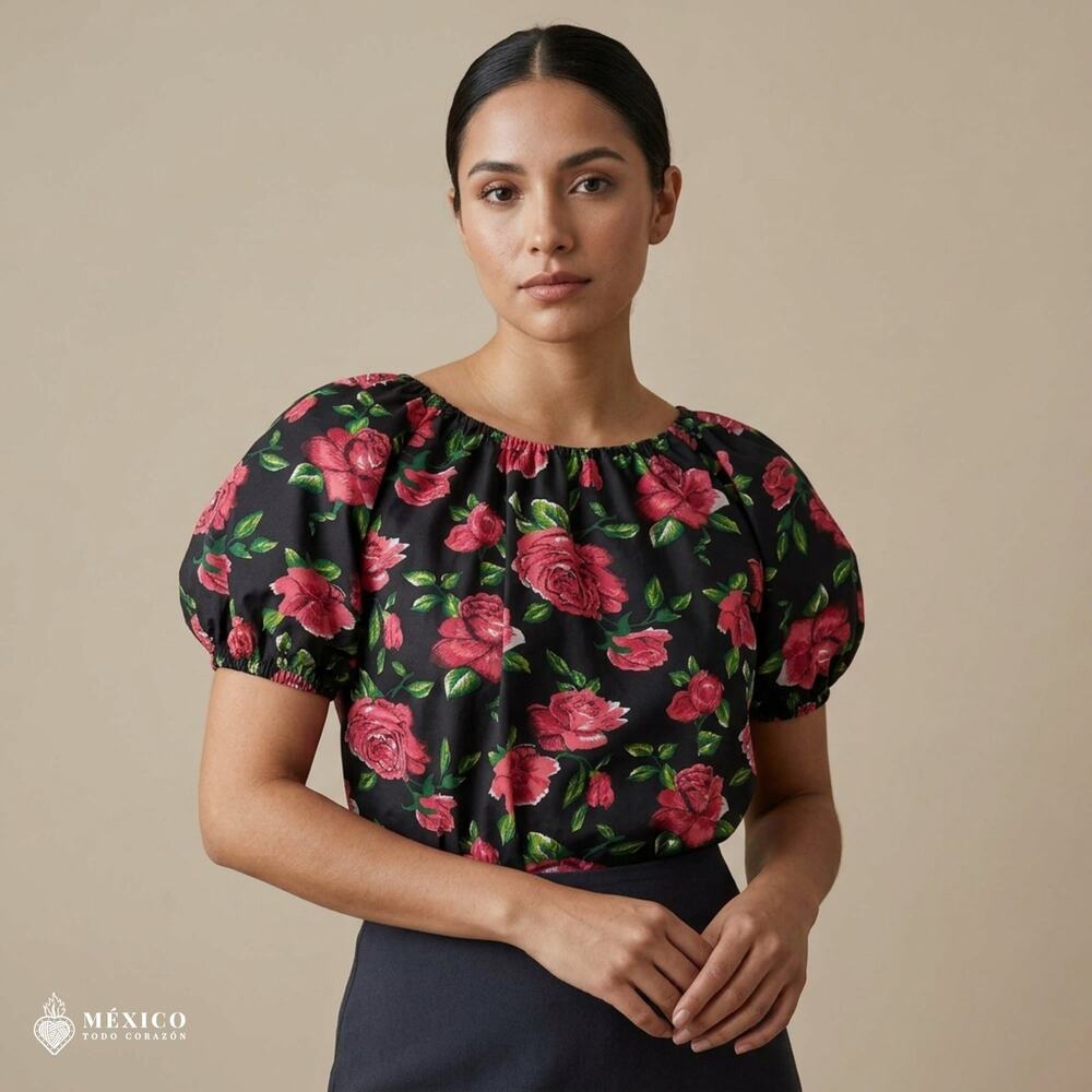 Traditional Mexican Floral Blouse – Lightweight Polyester Folk Style Top